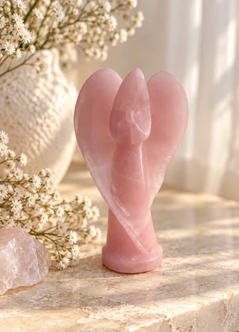 A rose quartz crystal carved into an angel, resting among dried flowers