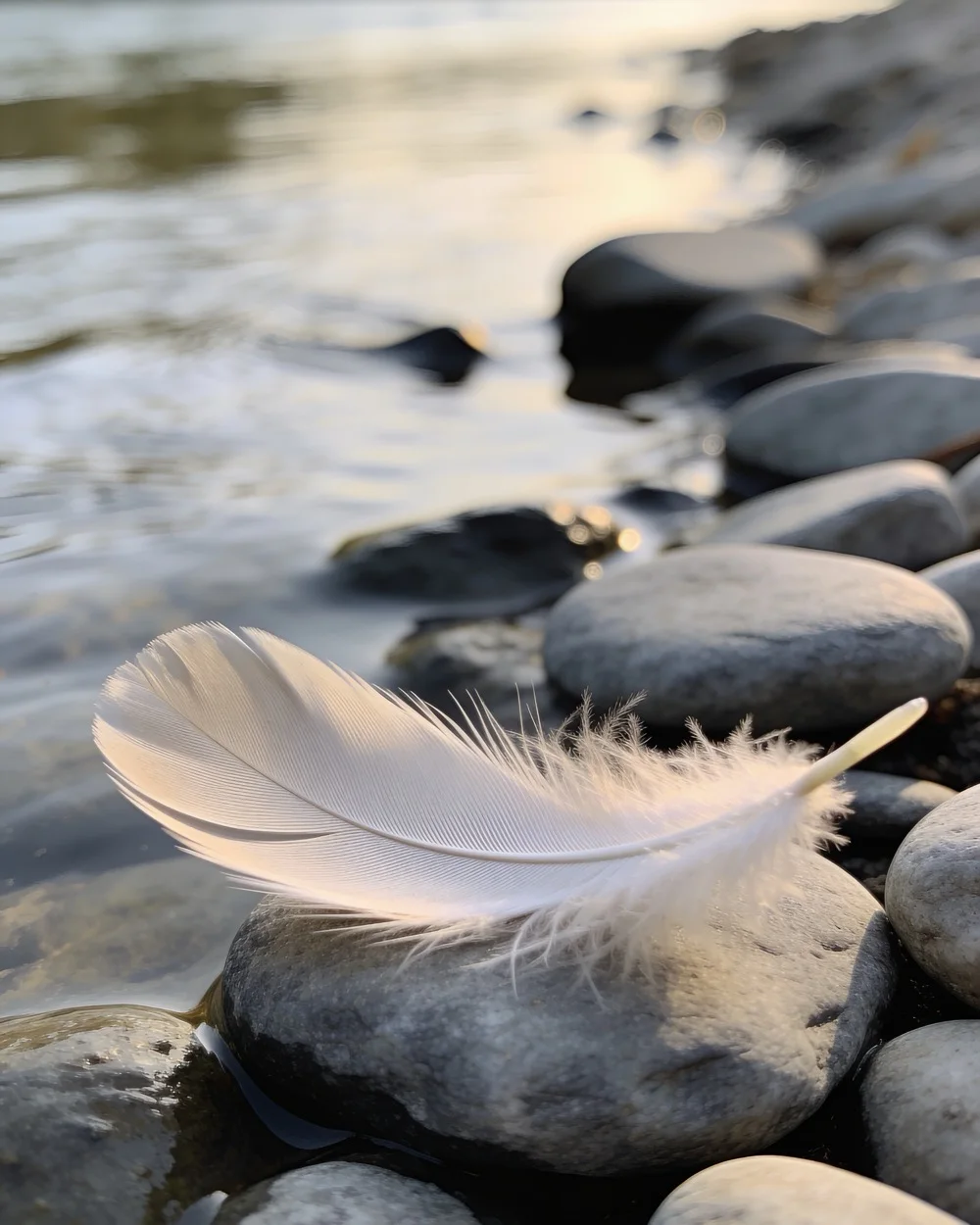 A white feather resting on river stones at the water's edge in golden light